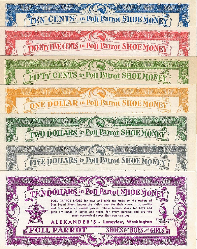 A fan of Poll-Parrot Shoe Money notes from ten cents to ten dollars in blue, red, green, orange, green, gray and purple