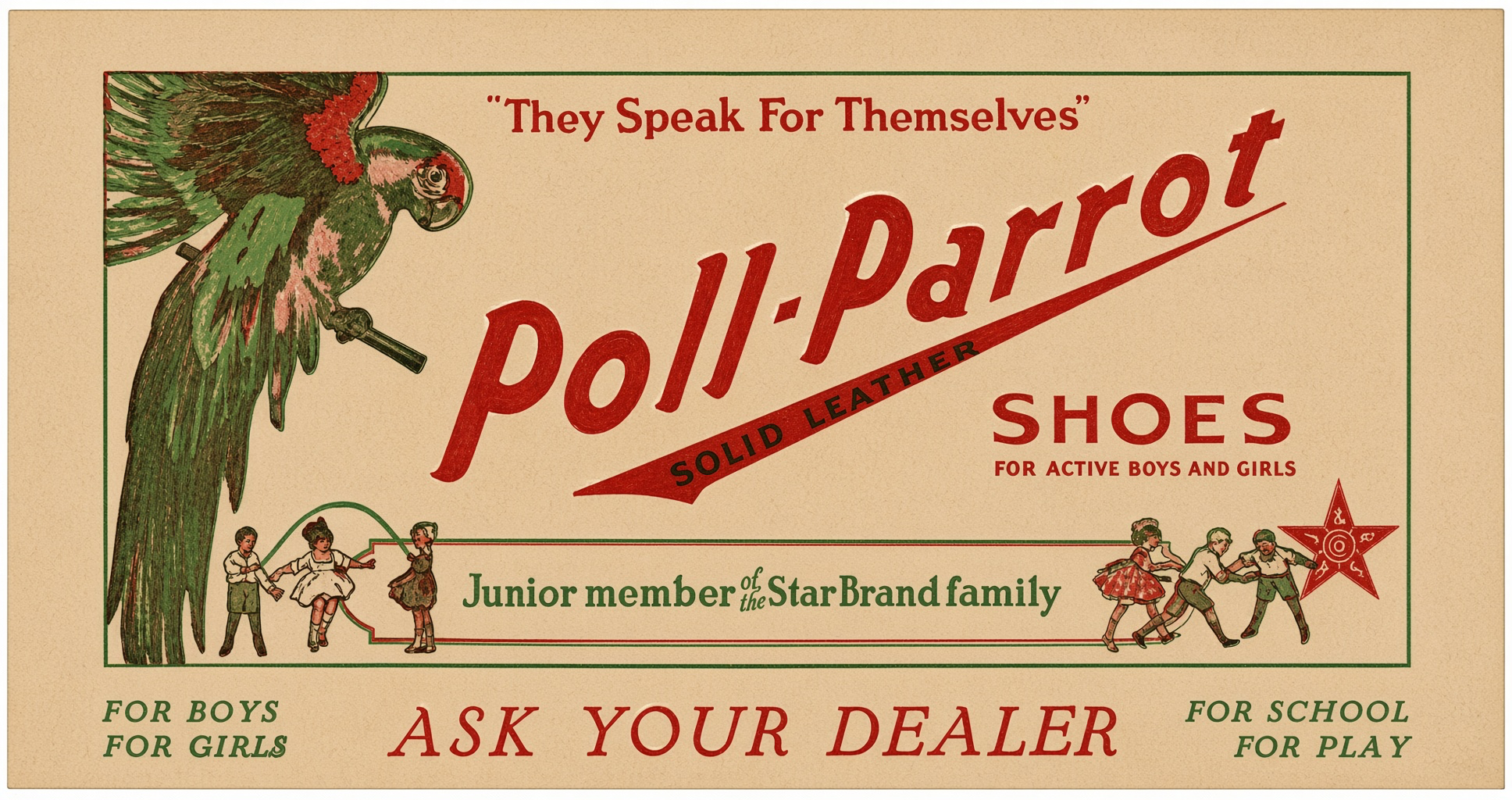 Vintage Poll-Parrot dealer advertisement with a large green parrot, red Poll-Parrot lettering and children at play