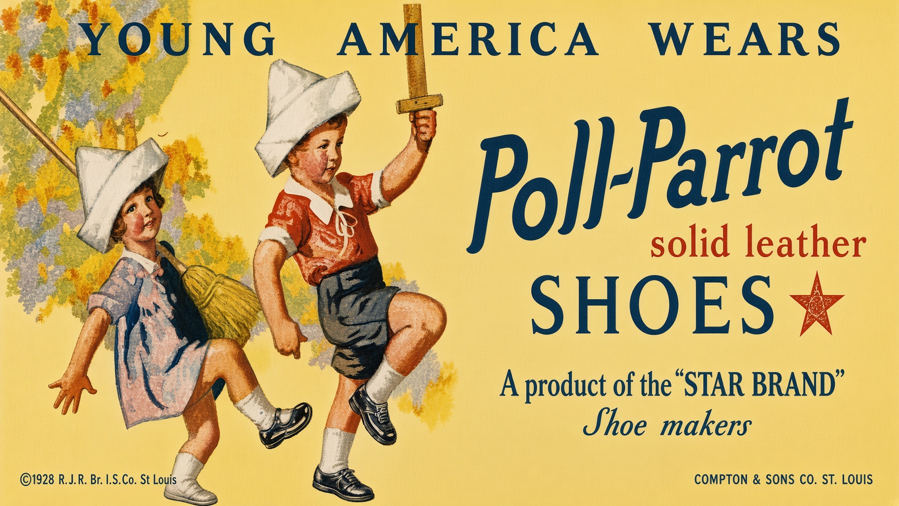 Vintage Poll-Parrot solid leather shoes advertisement showing two children at play under Young America Wears Poll-Parrot lettering