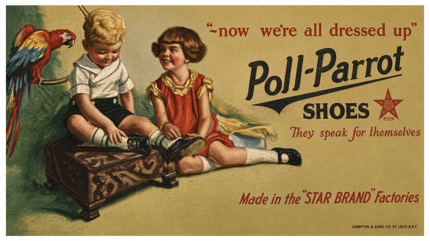 Vintage Poll-Parrot advertisement reading now we're all dressed up, with a boy and girl putting on their Poll-Parrot shoes while a scarlet macaw watches from its perch