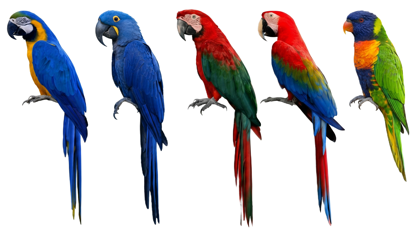 Five colourful macaws perched in a row