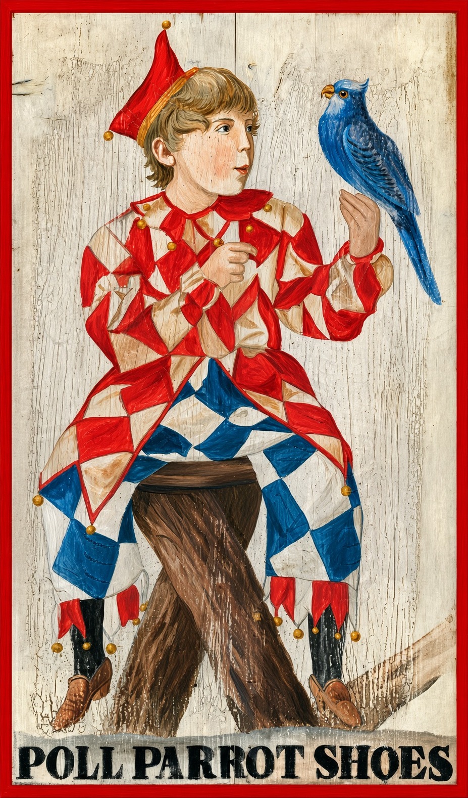 Painted wooden store sign showing a harlequin boy with a blue parrot on his hand, lettered Poll Parrot Shoes